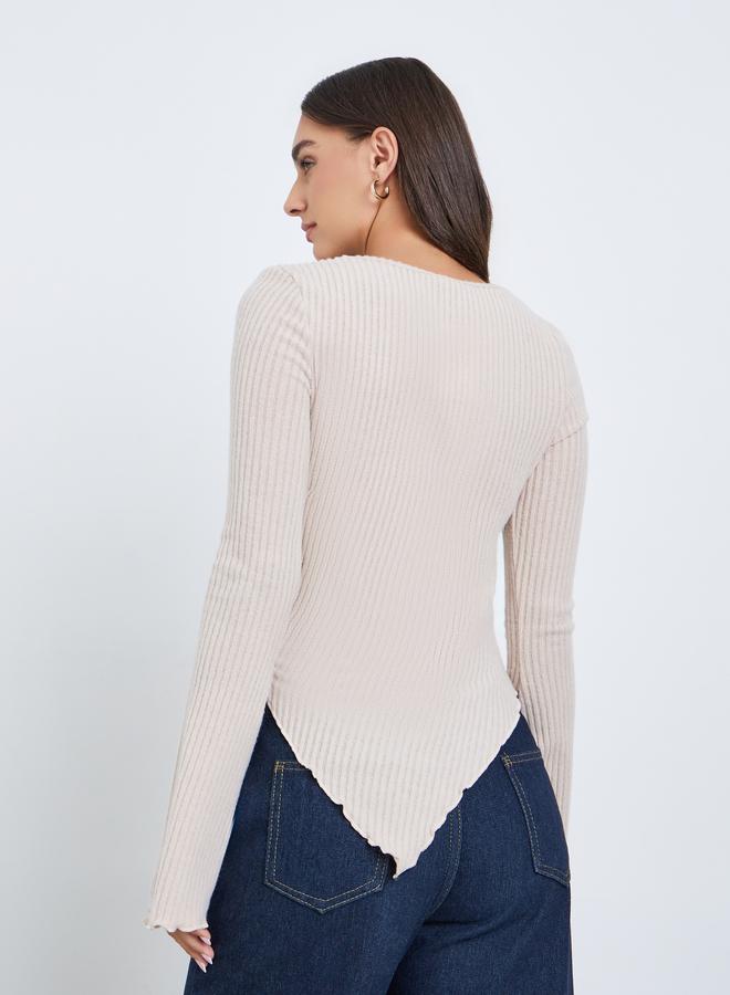 Styli Beige Ribbed Asymmetric Hem Long Sleeve Top - Image 4