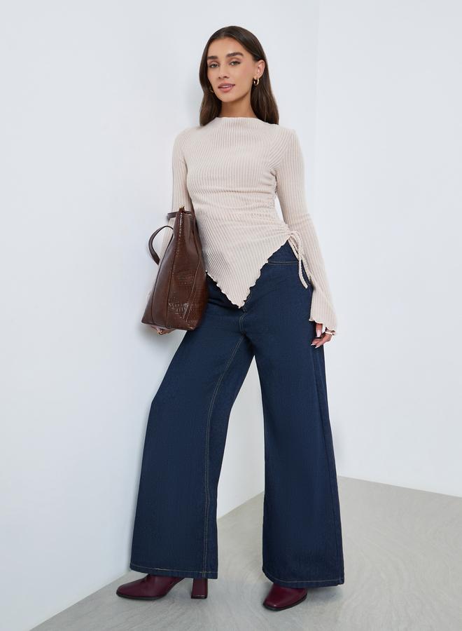 Styli Beige Ribbed Asymmetric Hem Long Sleeve Top - Image 2