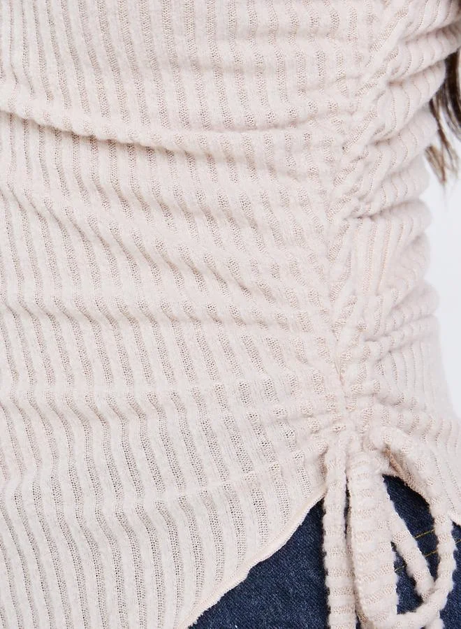 Styli Beige Ribbed Asymmetric Hem Long Sleeve Top