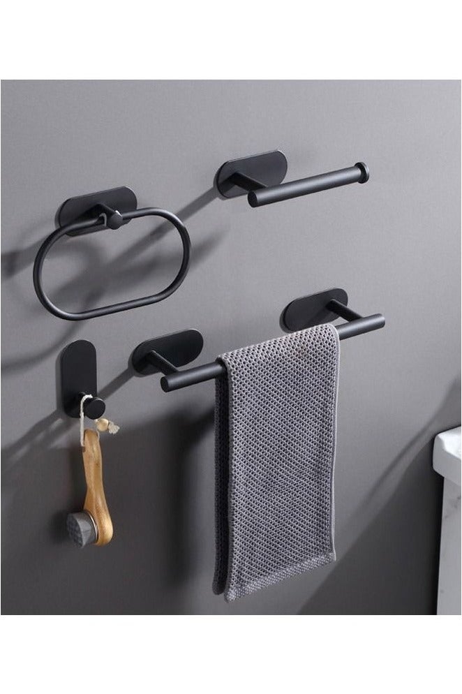 SILADEFU Matte Black Bathroom Hardware Set 4 Pieces Adhesive Toilet Paper Holder Hand Towel Bar Robe Towel Hook Bathroom Accessories Kit for Home and Everyday Use - Image 1