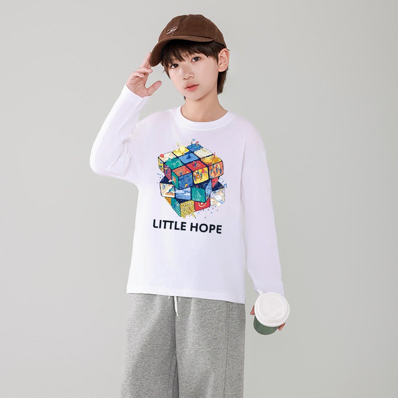 Fashionable Brand Boys' Long-Sleeved T-Shirt Pure Cotton Kidsren'S Bottoming Shirt 2025 Spring & Fall New Kidsren'S Fashion Rubik'S Cube Top - Image 5