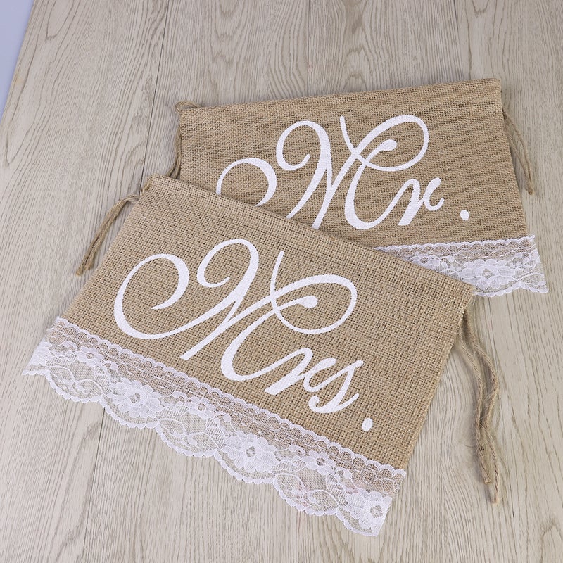 2pcs Mr Mrs Chair Banners Set Rustic Burlap Chair Signs With Lace Fringe Photo Booth Props Vintage Wedding Party Decoration (Khaki) - Image 5