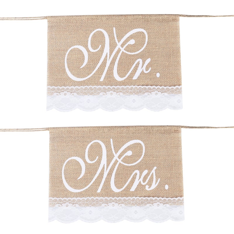 2pcs Mr Mrs Chair Banners Set Rustic Burlap Chair Signs With Lace Fringe Photo Booth Props Vintage Wedding Party Decoration (Khaki) - Image 1