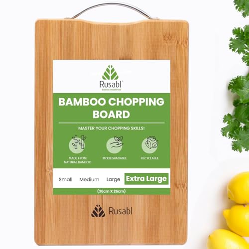 Rusabl Bamboo Wooden Chopping Board with Metal Handle, Multipurpose Cutting Board for Vegetables, Fruits & Cheese, for Kitchen Use, BPA Free, Eco-Friendly, Anti-Microbial (XL, 36 x 26 cms) - Image 1