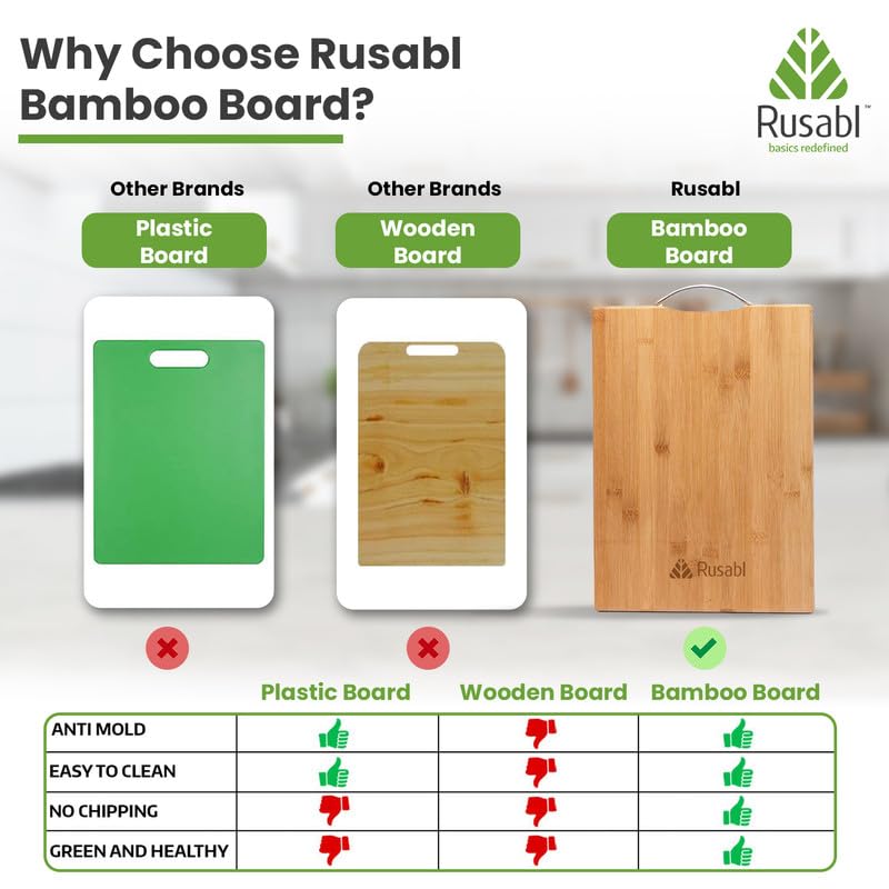Rusabl Bamboo Wooden Chopping Board with Metal Handle, Multipurpose Cutting Board for Vegetables, Fruits & Cheese, for Kitchen Use, BPA Free, Eco-Friendly, Anti-Microbial (XL, 36 x 26 cms) - Image 4