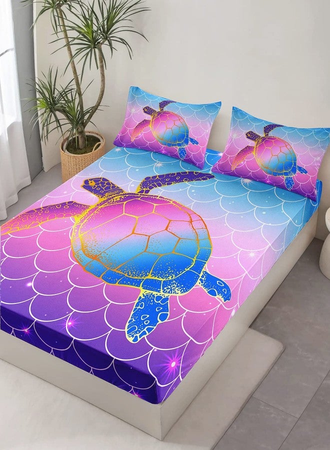 HOSIMA Mermaid Fish Scales Bed Sheets Twin,Sea Turtle Fitted Sheet Rainbow Bedding Glitter Star Themed Twin Fitted Sheet for Girls Kids Room Decor,1 Fitted Sheet + 2 Pillowcases. - Image 3
