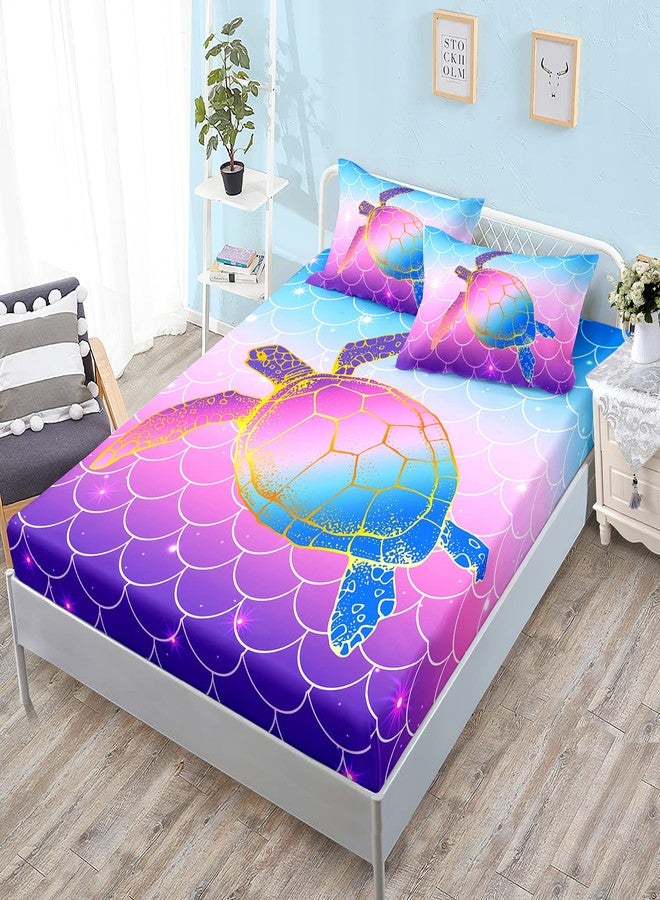 HOSIMA Mermaid Fish Scales Bed Sheets Twin,Sea Turtle Fitted Sheet Rainbow Bedding Glitter Star Themed Twin Fitted Sheet for Girls Kids Room Decor,1 Fitted Sheet + 2 Pillowcases. - Image 1