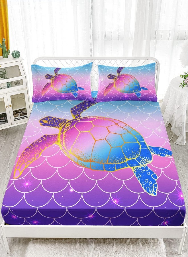 HOSIMA Mermaid Fish Scales Bed Sheets Twin,Sea Turtle Fitted Sheet Rainbow Bedding Glitter Star Themed Twin Fitted Sheet for Girls Kids Room Decor,1 Fitted Sheet + 2 Pillowcases. - Image 2