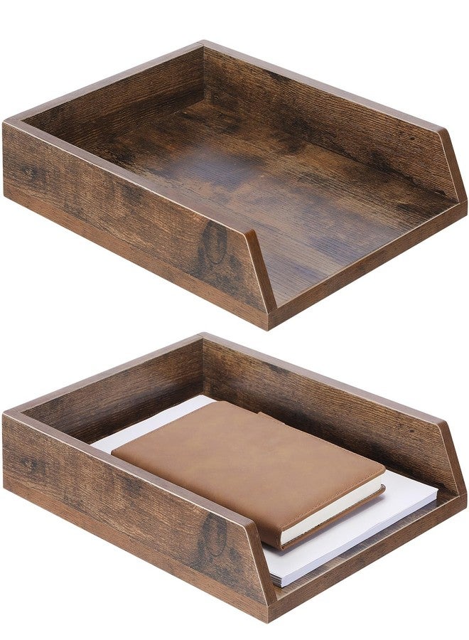 DoubleFill 2 Pcs Wooden Letter Trays Wood Letter-Size Desk Organizer Heavy Duty 2 Tier Stackable Supports Paper Tray Desktop Drawer Organizer File Folder Magazine Office Accessories (Dark Wood) - Image 1