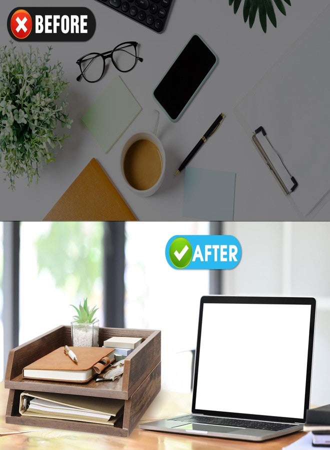DoubleFill 2 Pcs Wooden Letter Trays Wood Letter-Size Desk Organizer Heavy Duty 2 Tier Stackable Supports Paper Tray Desktop Drawer Organizer File Folder Magazine Office Accessories (Dark Wood) - Image 5