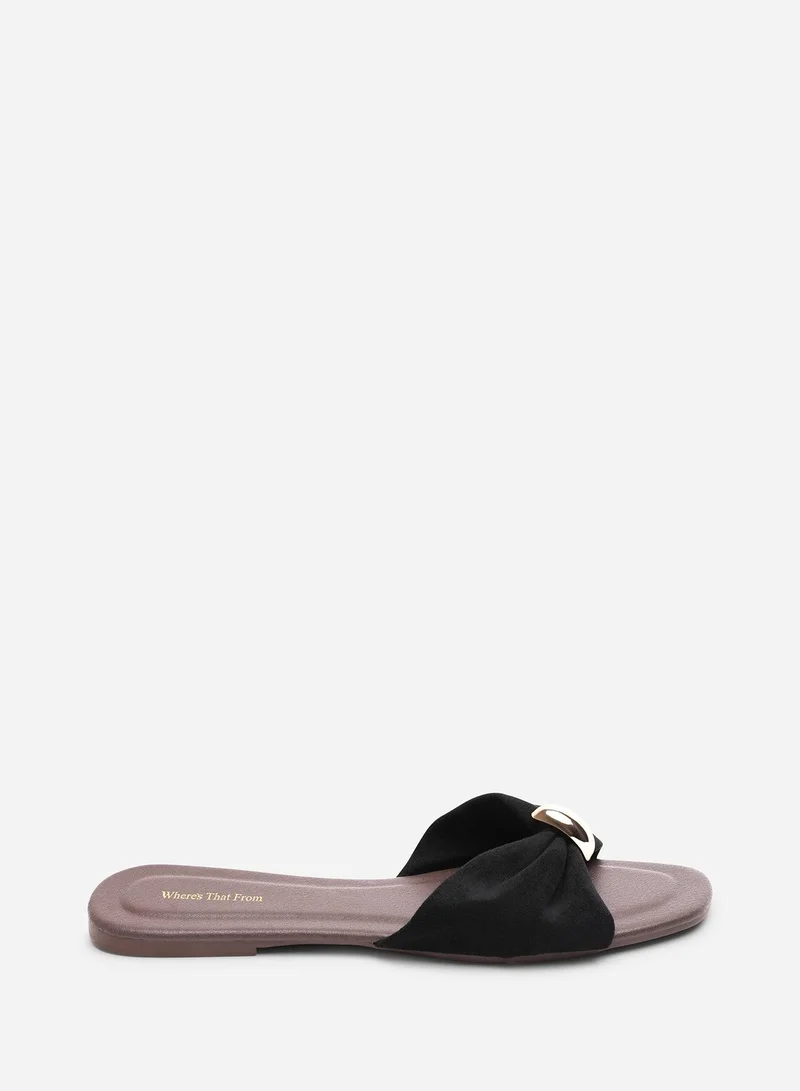 من أين هذه Alvita Buckle Slide on Flat Camel Suede Slide On Sandal