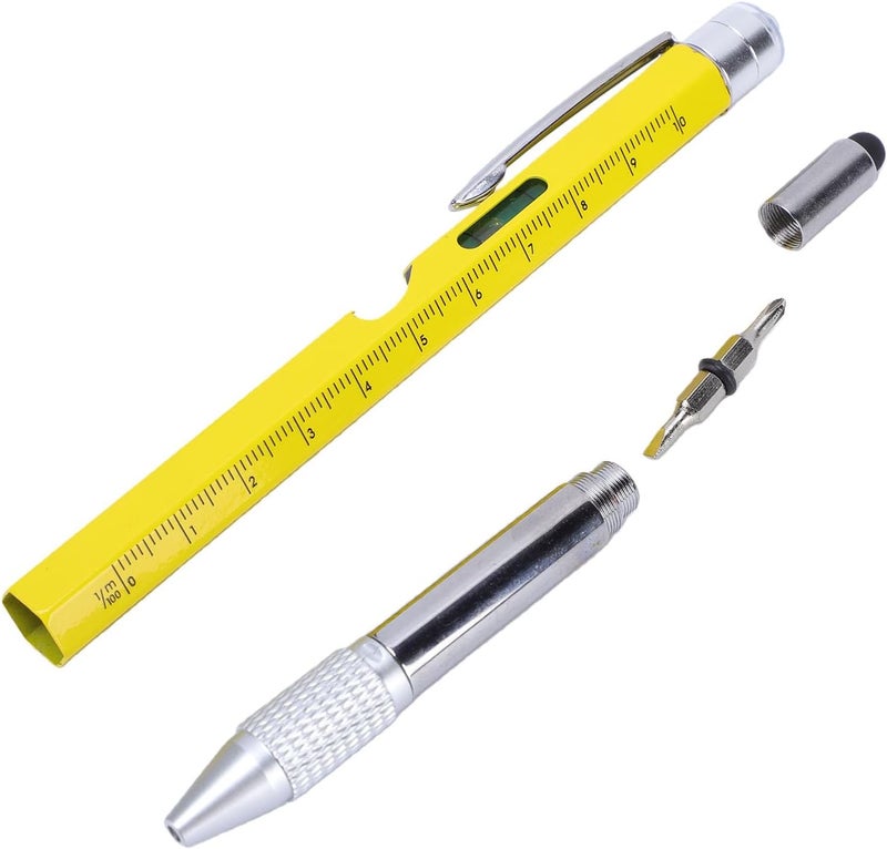 9 in 1 Multitool Pen, LED Light Ruler Stylus Bottle Opener Phone Holder, with Built in Bubble Level and Iron Material, for Men Women DIY Enthusiasts Engineers Craftsmen (Yellow) - Image 1