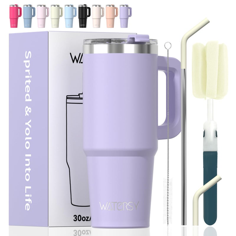 WATERSY 30 oz Tumbler with Handle,Tumbler with Lid and Straw,Double Wall Insulated Cup Stainless Steel Travel Mug(Cold for 34 Hours),Water Bottle for Iced Tea,Coffee,Cold Beverages(Purple) - Image 1