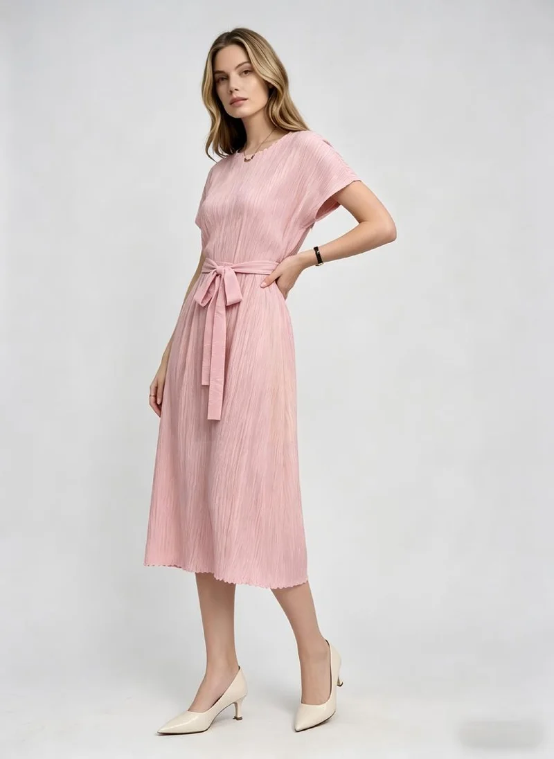 Take Two Pink Textured Tie-Up Details A-Line Midi Dress
