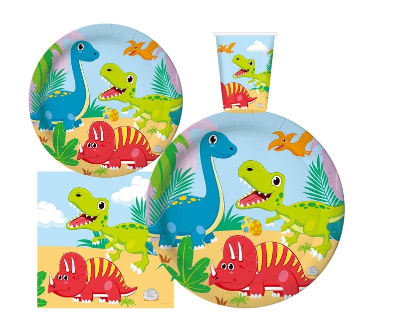Oojami Serves 24 Complete Party Pack Dinosaur Birthday Party Supplies 9" Dinner Paper Plates 7" Dessert Paper Plates 9 oz Cups 3 Ply Napkins Dinosaur Themed Birthday Party Supplies - Image 1