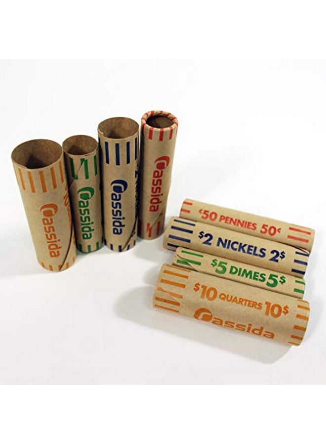 Cassida Preformed Coin Roll Wrappers. 100 Assorted Pack (Penny Nickel Dime Quarter) Durable Preformed Paper Tubes Crimped On One End Federal Reserve And Aba Standards (Acwap) - Image 3