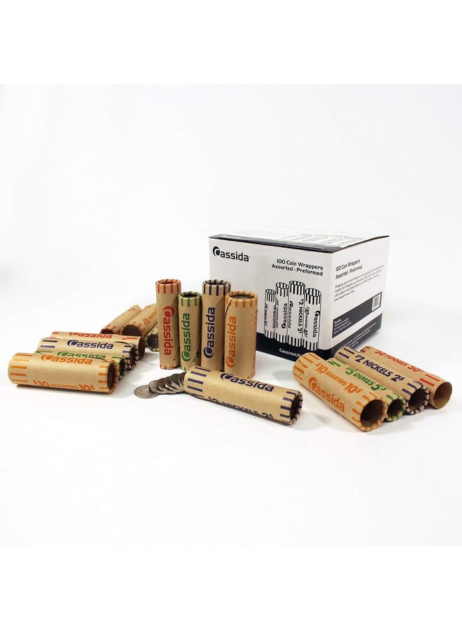 Cassida Preformed Coin Roll Wrappers. 100 Assorted Pack (Penny Nickel Dime Quarter) Durable Preformed Paper Tubes Crimped On One End Federal Reserve And Aba Standards (Acwap) - Image 1