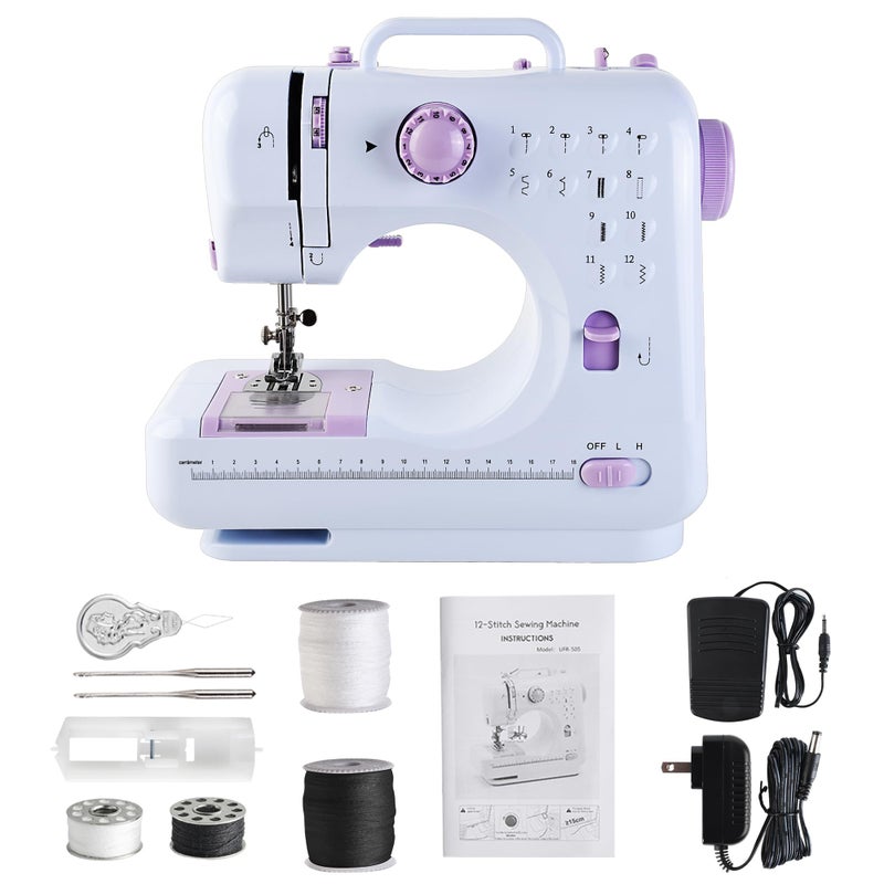 JUCVNB Mini Sewing Machine for Beginners and Kids Ages 812 Portable Sewing Machines with 12 Builtin Stitch Patterns Light 2 Speed Foot Pedal  Purple  White with Basic Sewing Kit