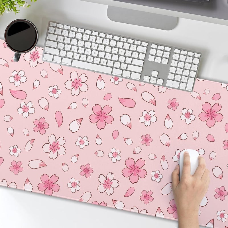aportt Pink Cherry Blossom Gaming Mouse Pad XL Cute Anime Aesthetics Floral Extended Kawaii Flowers Large Mousepad Non-Slip Rubber Base Stitched Edge Long Keyboard Desk Mat for Computer,31.5×11.8 Inch - Image 5