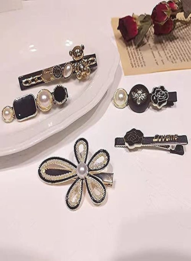 BSITFOW 5 Pcs Black Bear Rose Pearls and Rhinestone Hair Clips, Bsitfow Handmade Hair Barrettes, Alligator bobby pins, Glitter Crystal Hairpin, Elegant Gold Hair Accessories, Gifts for Women Girls - Image 5