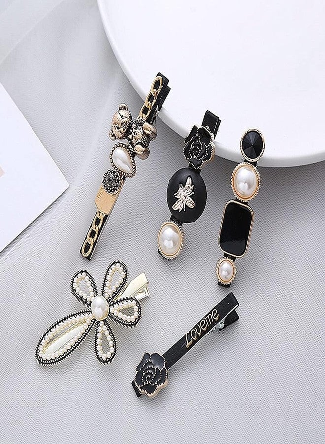BSITFOW 5 Pcs Black Bear Rose Pearls and Rhinestone Hair Clips, Bsitfow Handmade Hair Barrettes, Alligator bobby pins, Glitter Crystal Hairpin, Elegant Gold Hair Accessories, Gifts for Women Girls - Image 4
