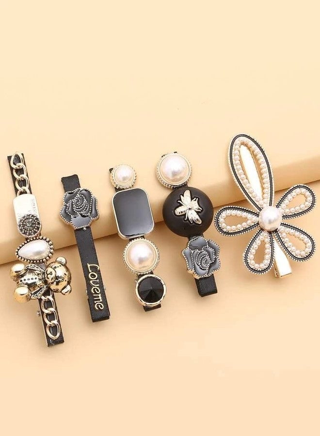 BSITFOW 5 Pcs Black Bear Rose Pearls and Rhinestone Hair Clips, Bsitfow Handmade Hair Barrettes, Alligator bobby pins, Glitter Crystal Hairpin, Elegant Gold Hair Accessories, Gifts for Women Girls - Image 1