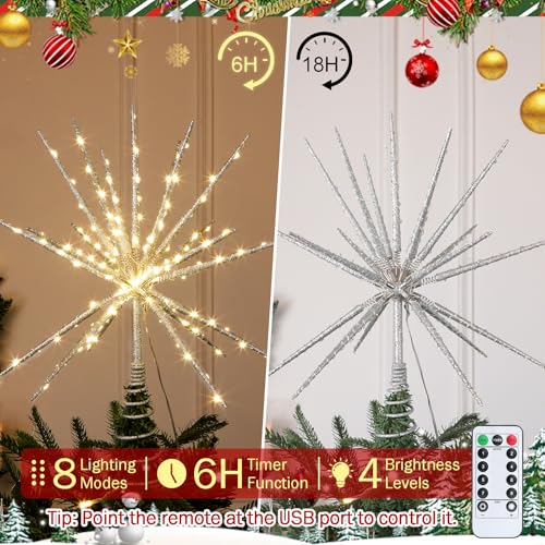 HMASYO 15 Inch Twinkling Starburst Christmas Tree Star Topper, 19-Point Silver Star Tree Topper with 150 LED, Remote Control & Timer, USB Power for Indoor Home Holiday Party Xmas Tree Decoration - Image 4