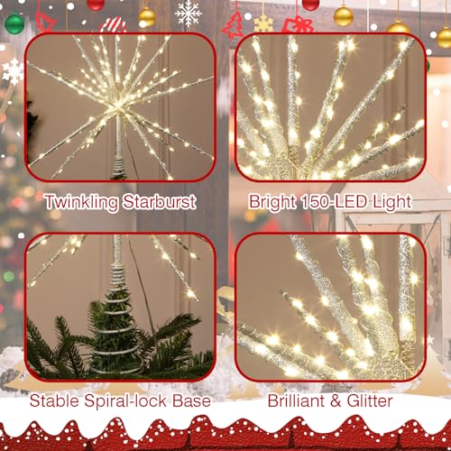 HMASYO 15 Inch Twinkling Starburst Christmas Tree Star Topper, 19-Point Silver Star Tree Topper with 150 LED, Remote Control & Timer, USB Power for Indoor Home Holiday Party Xmas Tree Decoration - Image 5