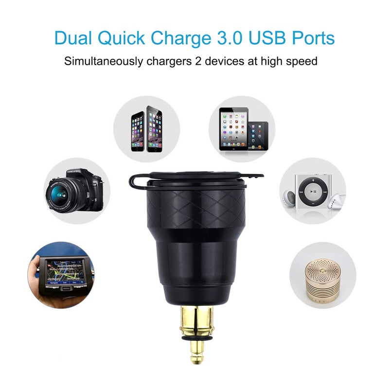 Cllena DIN Hella Plug to Dual Quick Charge 3.0 USB Charger Adapter with LED Voltmeter for BMW Motorcycle (Blue) - Image 2