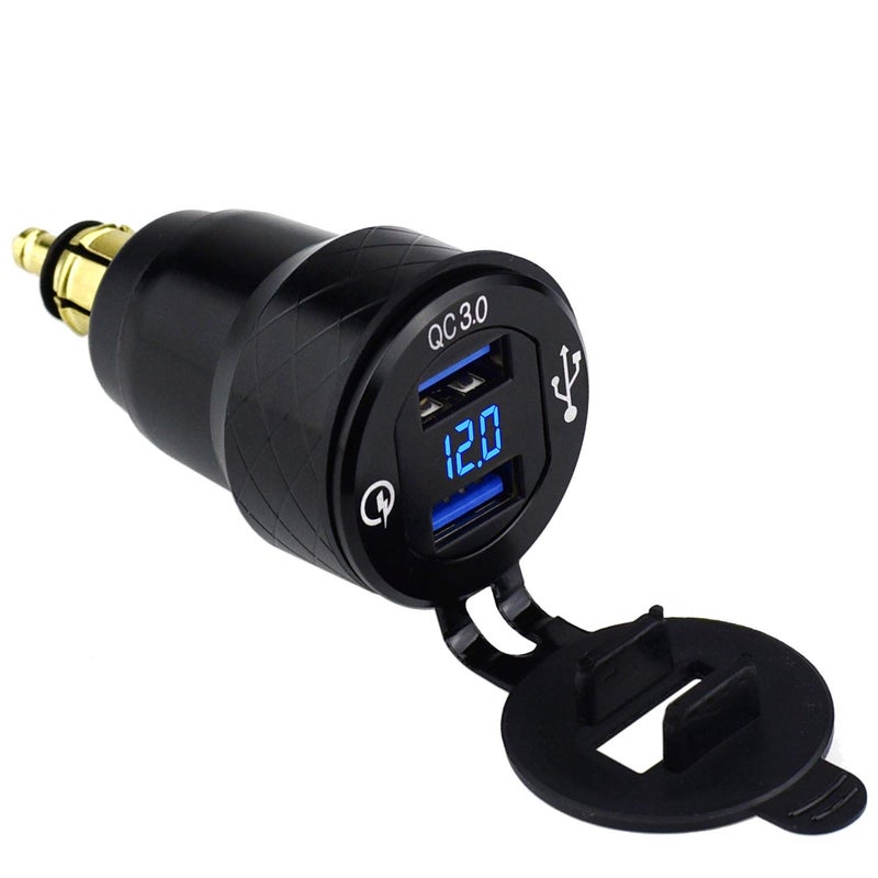 Cllena DIN Hella Plug to Dual Quick Charge 3.0 USB Charger Adapter with LED Voltmeter for BMW Motorcycle (Blue) - Image 1
