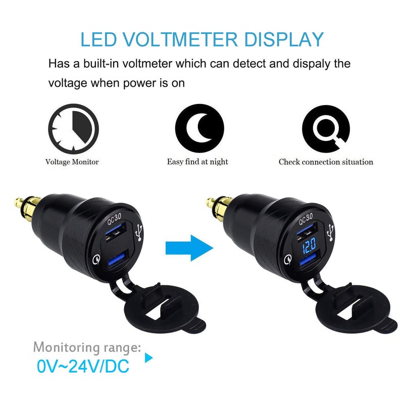 Cllena DIN Hella Plug to Dual Quick Charge 3.0 USB Charger Adapter with LED Voltmeter for BMW Motorcycle (Blue) - Image 4