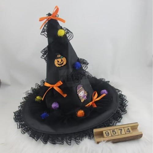 TLISMI Halloween Pumpkin Party Witch Hat – Hat with Lace Trim, Colorful Pom-Poms, Cute Cartoon Patch & Bows – Fun Costume Accessory for Kids & Adults, Trick-or-Treat, Cosplay & Halloween Decorations - Image 5