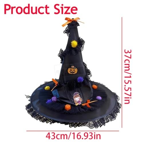 TLISMI Halloween Pumpkin Party Witch Hat – Hat with Lace Trim, Colorful Pom-Poms, Cute Cartoon Patch & Bows – Fun Costume Accessory for Kids & Adults, Trick-or-Treat, Cosplay & Halloween Decorations - Image 3