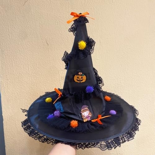 TLISMI Halloween Pumpkin Party Witch Hat – Hat with Lace Trim, Colorful Pom-Poms, Cute Cartoon Patch & Bows – Fun Costume Accessory for Kids & Adults, Trick-or-Treat, Cosplay & Halloween Decorations - Image 4