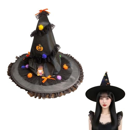 TLISMI Halloween Pumpkin Party Witch Hat – Hat with Lace Trim, Colorful Pom-Poms, Cute Cartoon Patch & Bows – Fun Costume Accessory for Kids & Adults, Trick-or-Treat, Cosplay & Halloween Decorations - Image 1