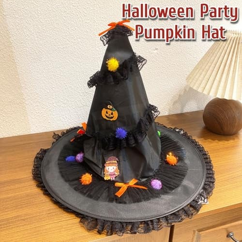 TLISMI Halloween Pumpkin Party Witch Hat – Hat with Lace Trim, Colorful Pom-Poms, Cute Cartoon Patch & Bows – Fun Costume Accessory for Kids & Adults, Trick-or-Treat, Cosplay & Halloween Decorations - Image 2