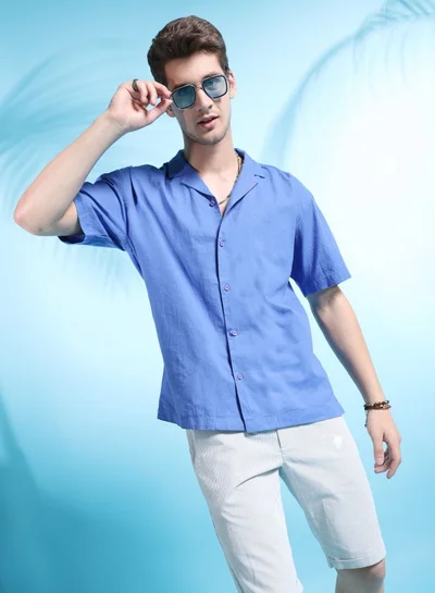 The Indian Garage Co Men Relaxed Fit Solid Half Sleeves Cuban Collar Resort Wear Shirt