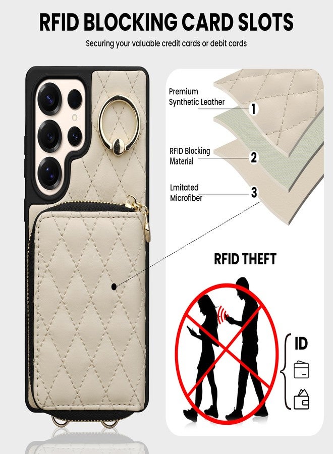 Keallce Case for Samsung Galaxy S25 Ultra 6.9'' Wallet Case,Crossbody Zipper Galaxy S25 Ultra Purse Wrist Strap Lanyard Handbag,RFID Blocking Card Slots,Flip Leather Cover for Samsung S25 Ultra,Beige - Image 4
