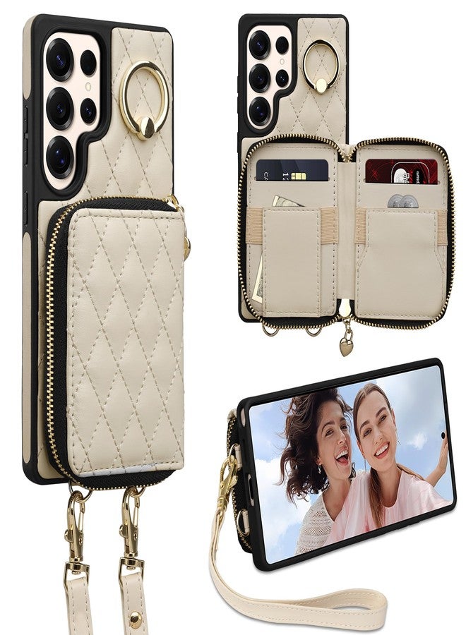 Keallce Case for Samsung Galaxy S25 Ultra 6.9'' Wallet Case,Crossbody Zipper Galaxy S25 Ultra Purse Wrist Strap Lanyard Handbag,RFID Blocking Card Slots,Flip Leather Cover for Samsung S25 Ultra,Beige - Image 1