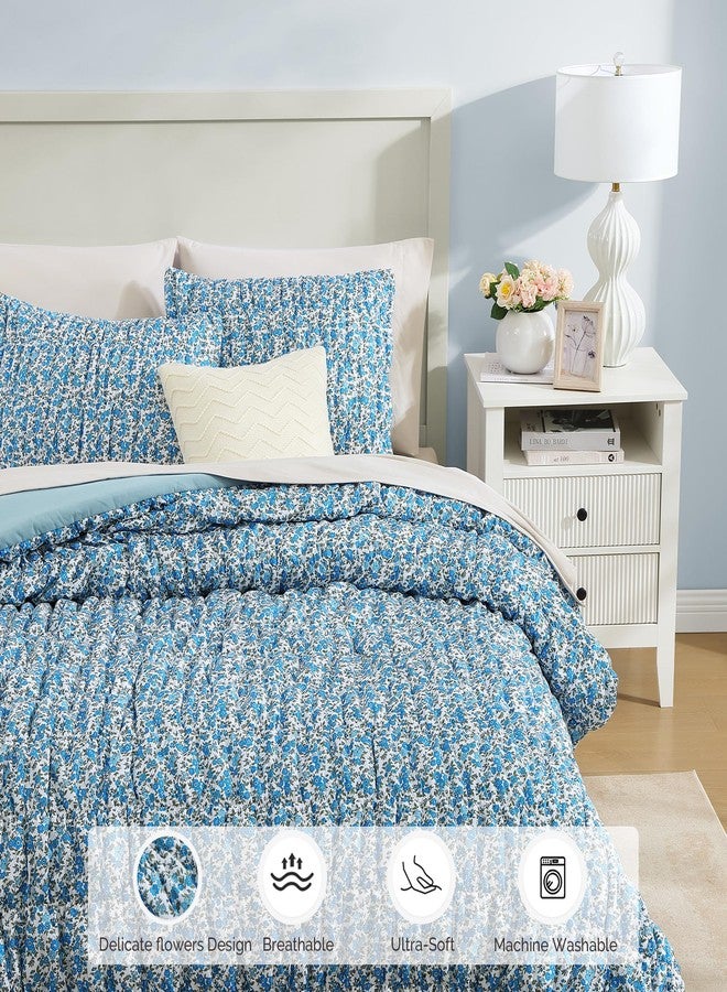 BLOOMHAVEN Queen Comforter Set - 7 Pieces Blue Classic Puff Floral Bedding Sets for All Seasons, Shabby Chic Farmhouse Bed in a Bag Queen with Wildflowers Fluffy Comforter, Sheets, Pillowcases & Shams - Image 4