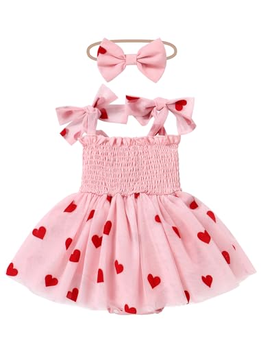 IMEKIS First Valentines Day Baby Girl Outfit Toddler Valentines Day Dress Romper Headband Infant Cupid Photoshoot Newborn Tulle Heart Dress 1st Birthday Outfit Cake Smash Pink Heart 36 Months - Image 1
