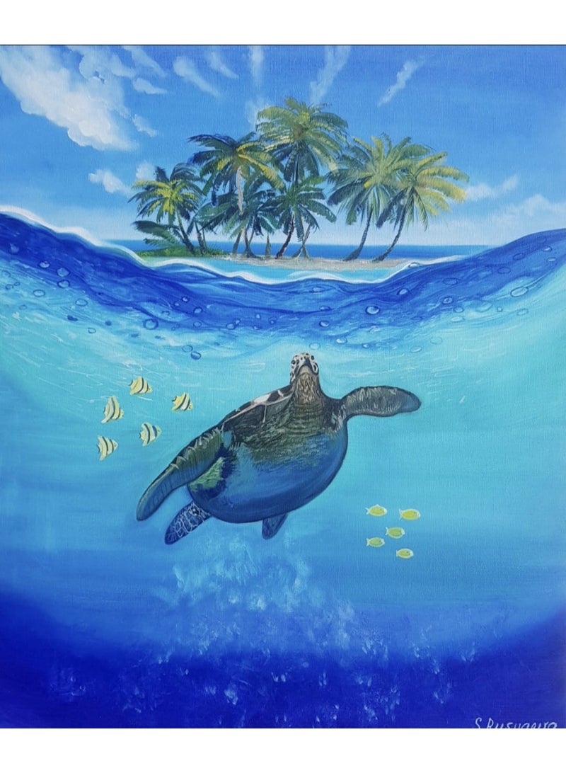 لوحة سلحفاة: عمل فني أصلي لحيوان بحري، 50×60 سم، أجواء عطلة - Image 4