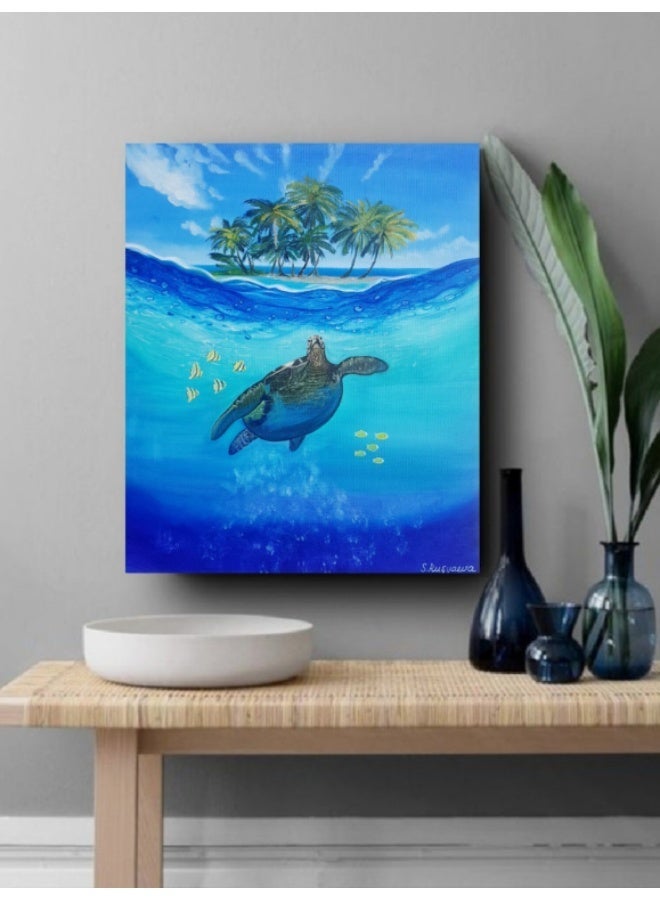 لوحة سلحفاة: عمل فني أصلي لحيوان بحري، 50×60 سم، أجواء عطلة - Image 1