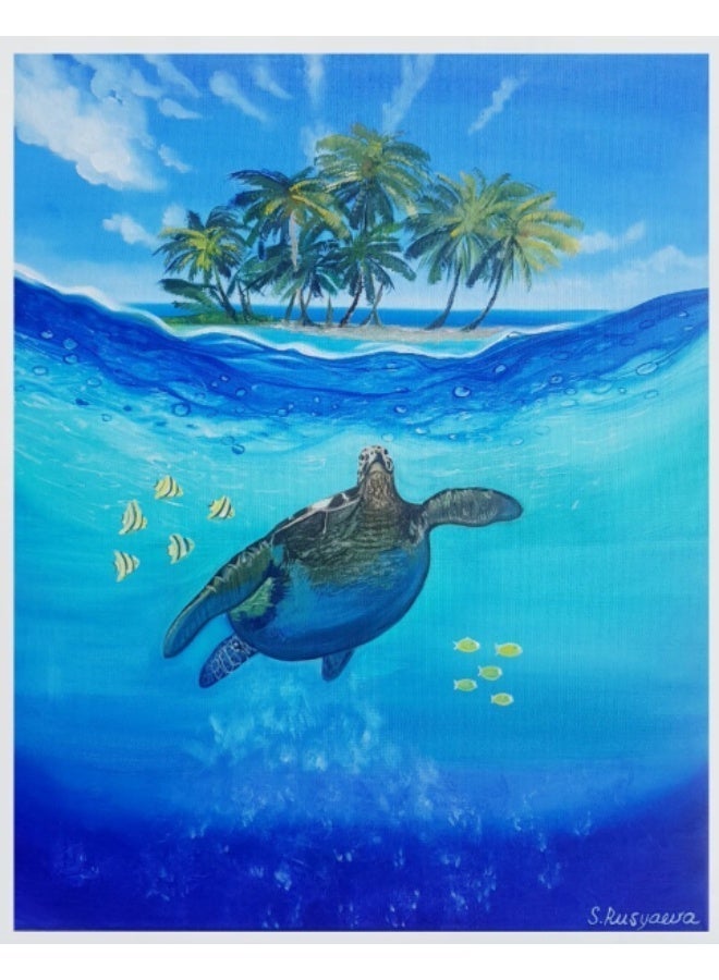 لوحة سلحفاة: عمل فني أصلي لحيوان بحري، 50×60 سم، أجواء عطلة - Image 3