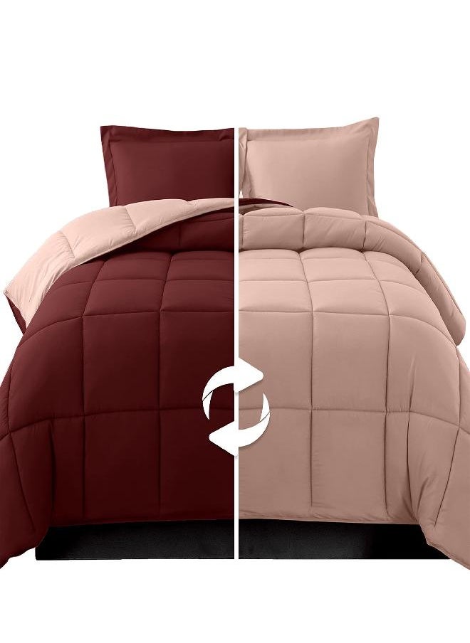 Elegant Comfort Elegant Comfort 3-Piece Reversible Comforter Set, All Season Cozy, Soft Down Alternative, Quilted - Box Stitched - Duvet Insert with 4 Corner Tabs, Comforter with Shams, Queen, Burgundy/Dusty Rose  - Image 2