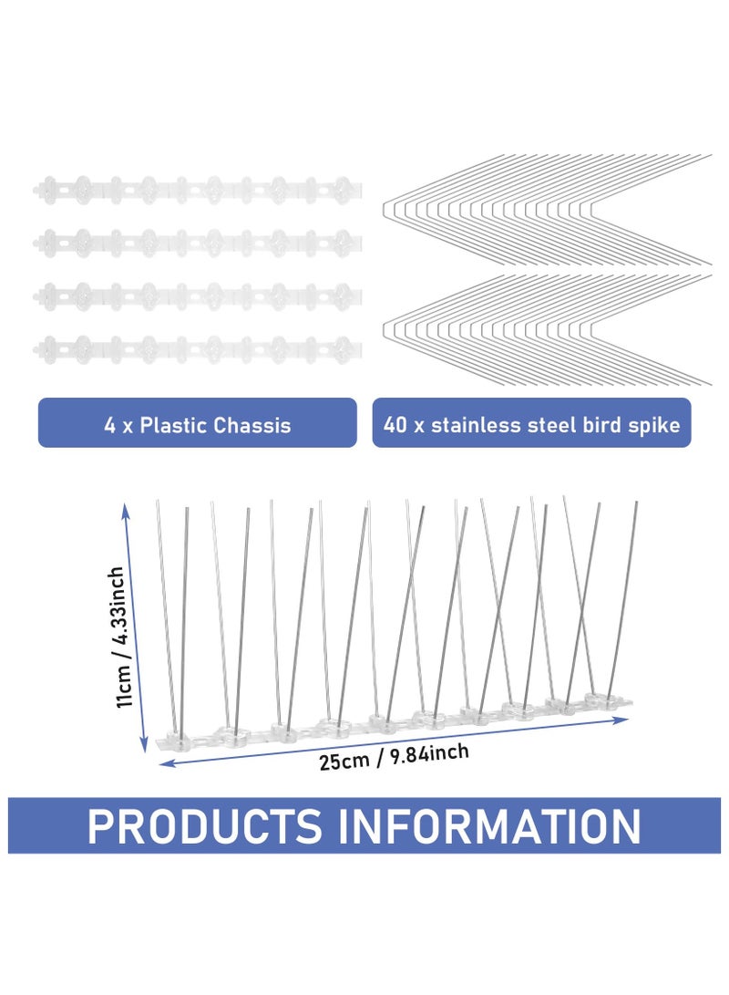 4 Pack Bird Spikes 3.3 Feet Pigeon Spikes for Outside Stainless Steel Bird Deterrent Spikes Keep Birds Away, Bird Repellent Spikes for Small Bird Cat Squirrel, for Fence Roof and Wall