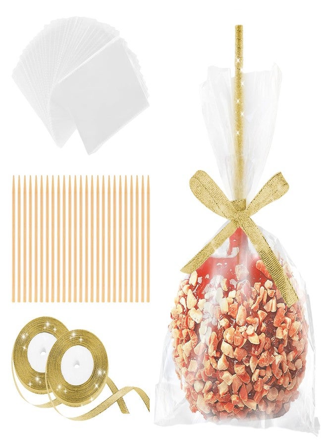 MGWOTH Candy Apple Bags and Sticks Set of 50, Caramel Apple Wrapping Kit with Bamboo Skewer for Rice Krispie Treat, Fruit Pop Golden Glitter Ribbon Wrapper for Party Birthday Wedding Christmas Dessert - Image 1