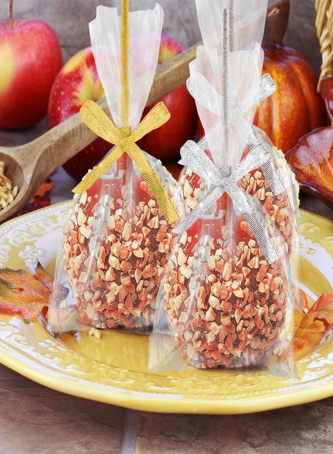 MGWOTH Candy Apple Bags and Sticks Set of 50, Caramel Apple Wrapping Kit with Bamboo Skewer for Rice Krispie Treat, Fruit Pop Golden Glitter Ribbon Wrapper for Party Birthday Wedding Christmas Dessert - Image 4
