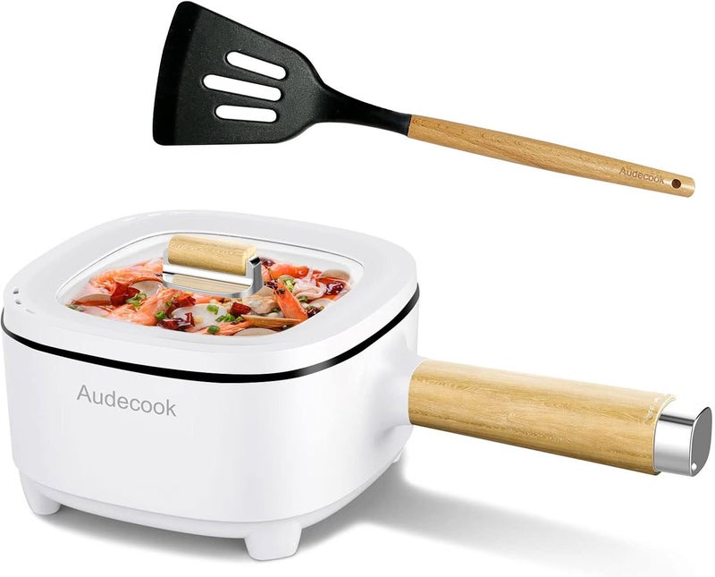 Audecook قدر كهربائي من أوديكوك، مقلاة غير لاصقة بطبقة سيراميك، طباخ متعدد محمول للسفر لتحضي�� الرامن، الستيك، البيض، الأرز المقلي، الشوفان، الحساء، 350 واط/800 واط (B(أبيض/2 لتر بدون قدر بخاري)) - Image 1