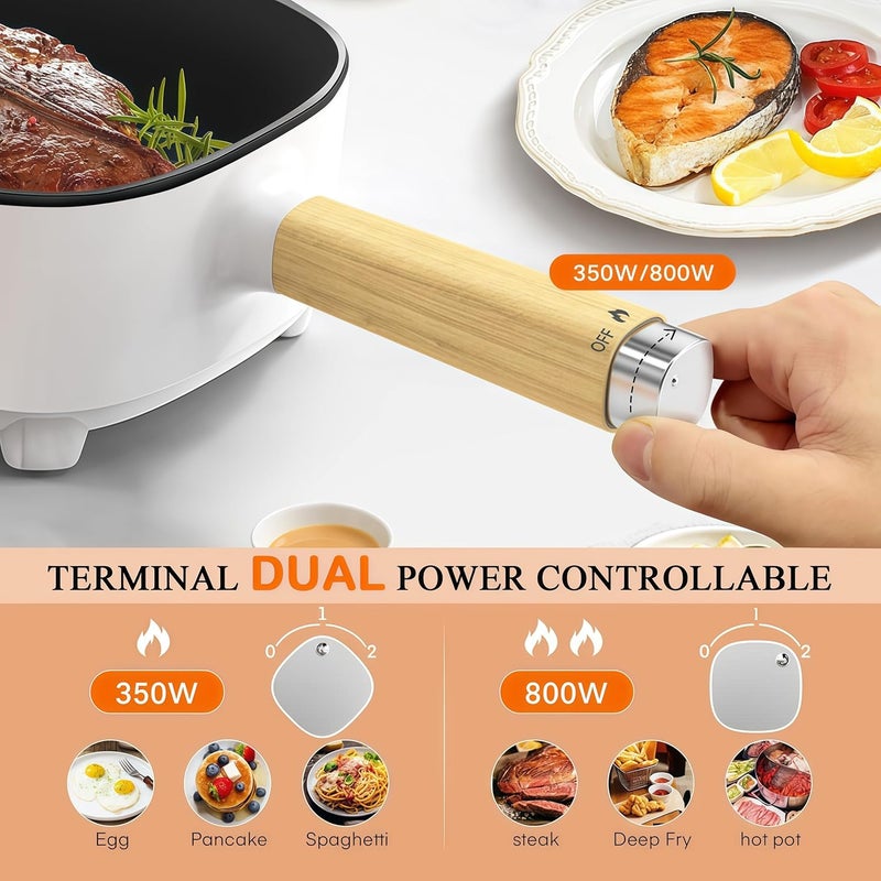 Audecook قدر كهربائي من أوديكوك، مقلاة غير لاصقة بطبقة سيراميك، طباخ متعدد محمول للسفر لتحضي�� الرامن، الستيك، البيض، الأرز المقلي، الشوفان، الحساء، 350 واط/800 واط (B(أبيض/2 لتر بدون قدر بخاري)) - Image 2